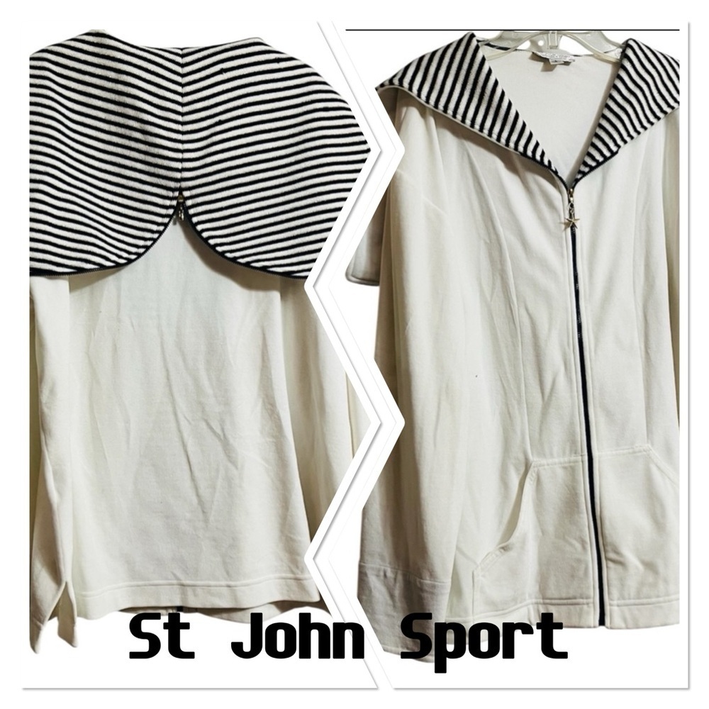 St. John Sport by Marie Gray White with Black and Gold Hoodie Accents Sz L Women